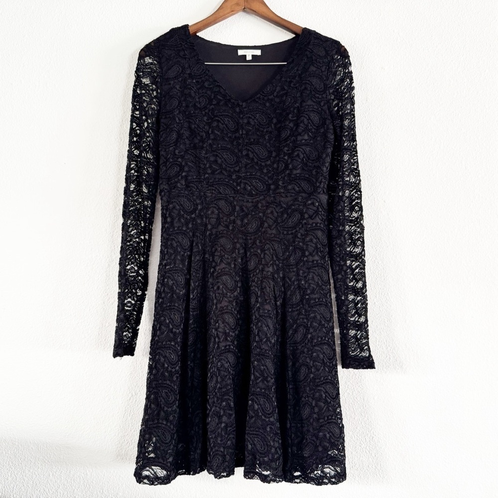 Maurices Black Paisley Lace Panel V Neck Long Sleeve Dress Small Chic Elegant - Picture 2 of 12
